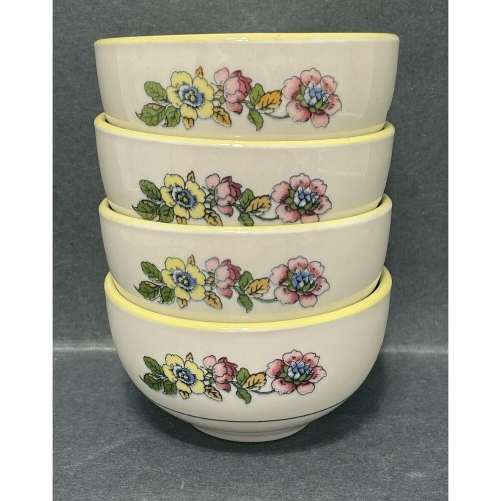 Mayer China Yellow Floral Flower Pattern 1990 Side Fruit Bouillon Bowl Set Of 4